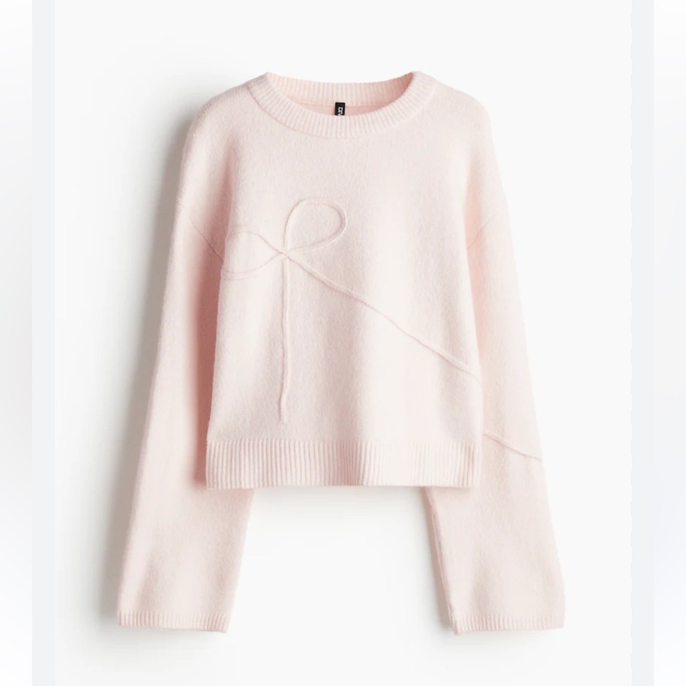 H&M Appliquéd Sweater Light Dusty Pink Bow 2XS Long Sleeve Knit Divided NWT